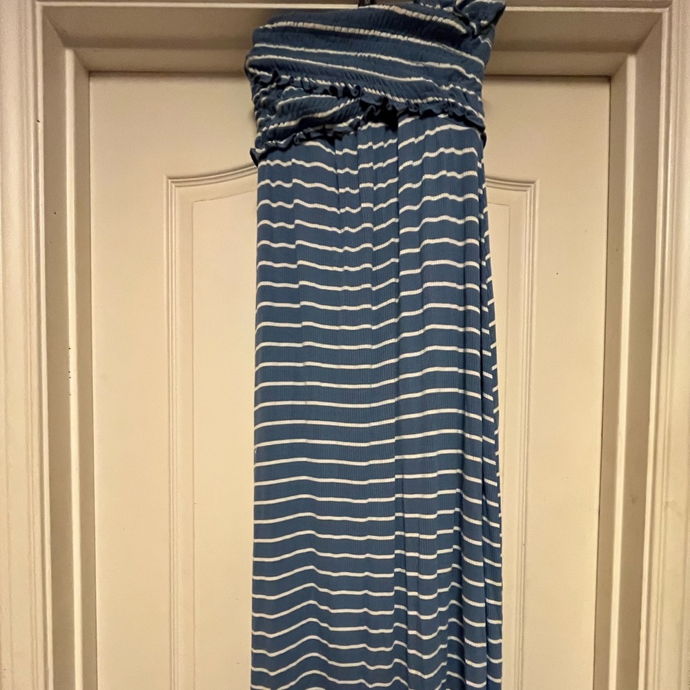 Blue and White Striped Maternity Women's Strapless, Sleeve Cross Dress